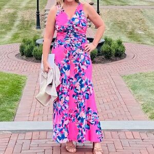 Boston Proper Ruched Sleeveless Floral Maxi Dress Pink Size 10